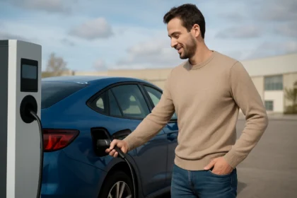 Muž nabíjajúci hybridné auto na parkovisku.