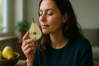 Žena drží plátok hrušky a užíva si jej vôňu
