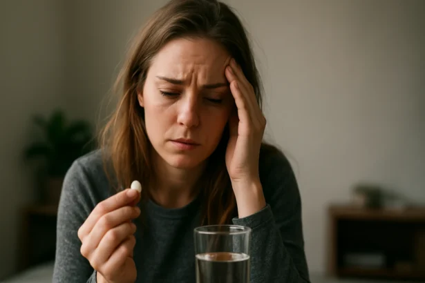 Žena trpiaca vedľajšími účinkami kvetiapínu, pripravená užiť lieky.