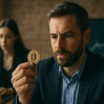 Muž s kryptomenou v ruke a žena pracujúca na počítači v kancelárii