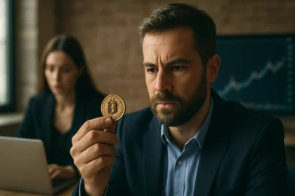 Muž s kryptomenou v ruke a žena pracujúca na počítači v kancelárii