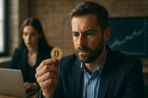 Muž s kryptomenou v ruke a žena pracujúca na počítači v kancelárii