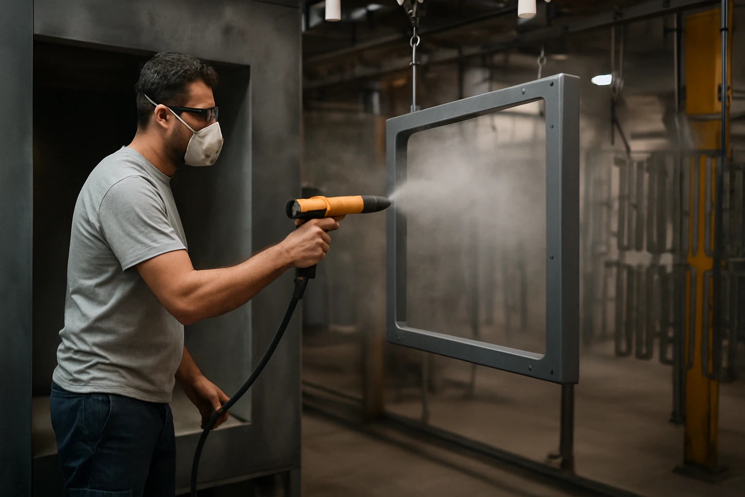 Pracovník používa elektrostatické lakovanie v priemyselnej prevádzke.