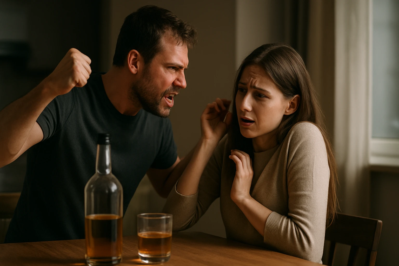 Muž vyjadrujúci agresiu voči žene počas pitia alkoholu.