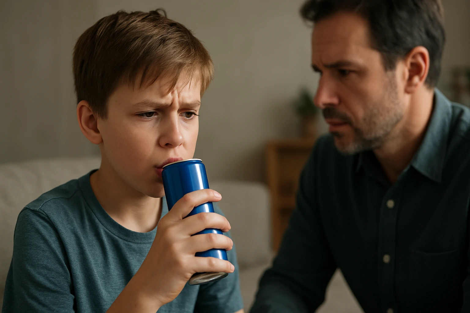 Chlapec pije energetický nápoj so znepokojeným otcom v pozadí.
