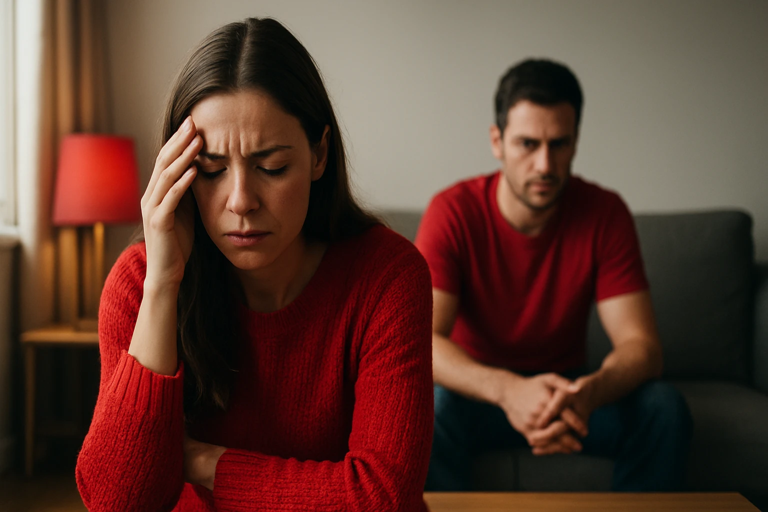 Žena v červenom svetri so zlým výrazom, muž za ňou v pozadí.