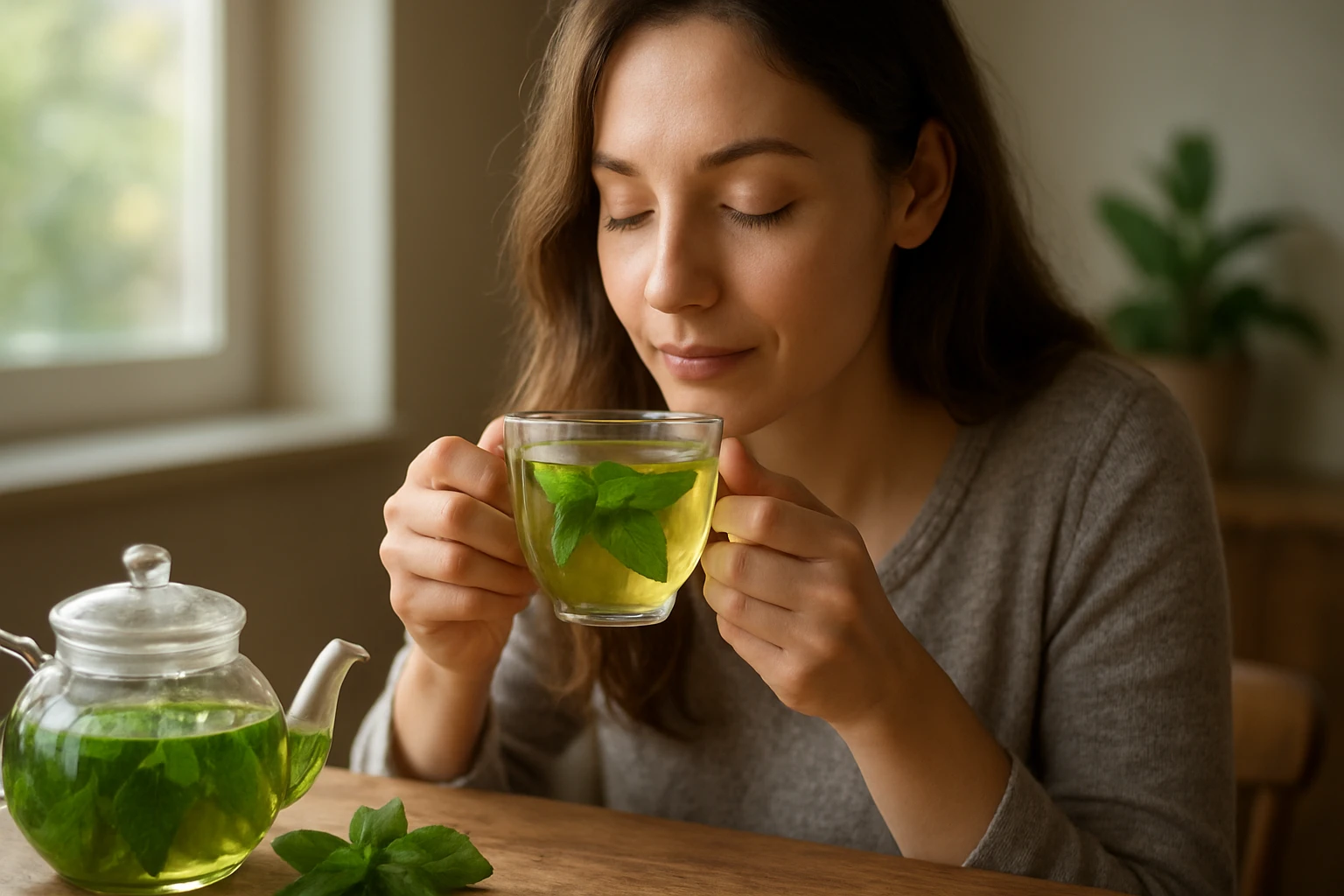Žena vychutnáva si mätový čaj so sviežou vôňou