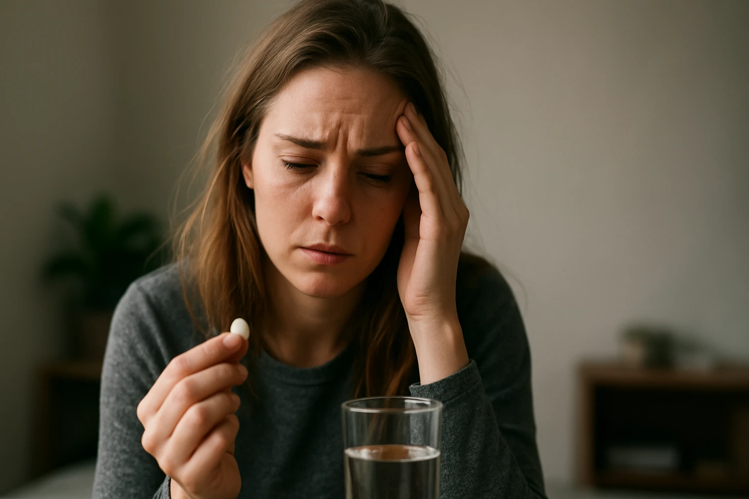 Žena trpiaca vedľajšími účinkami kvetiapínu, pripravená užiť lieky.