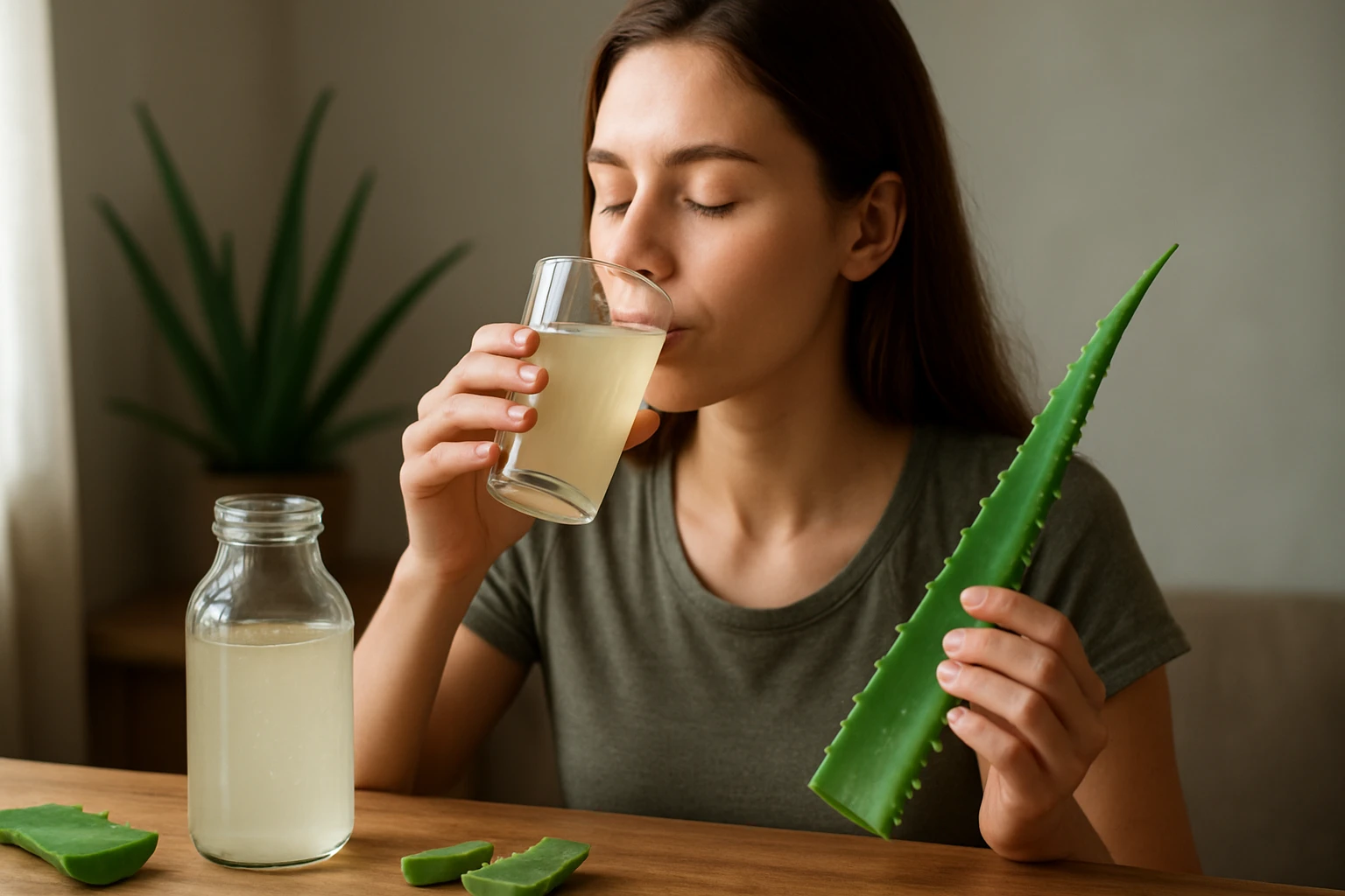 Žena pije Aloe Vera gél pre zdravie a hydratáciu!