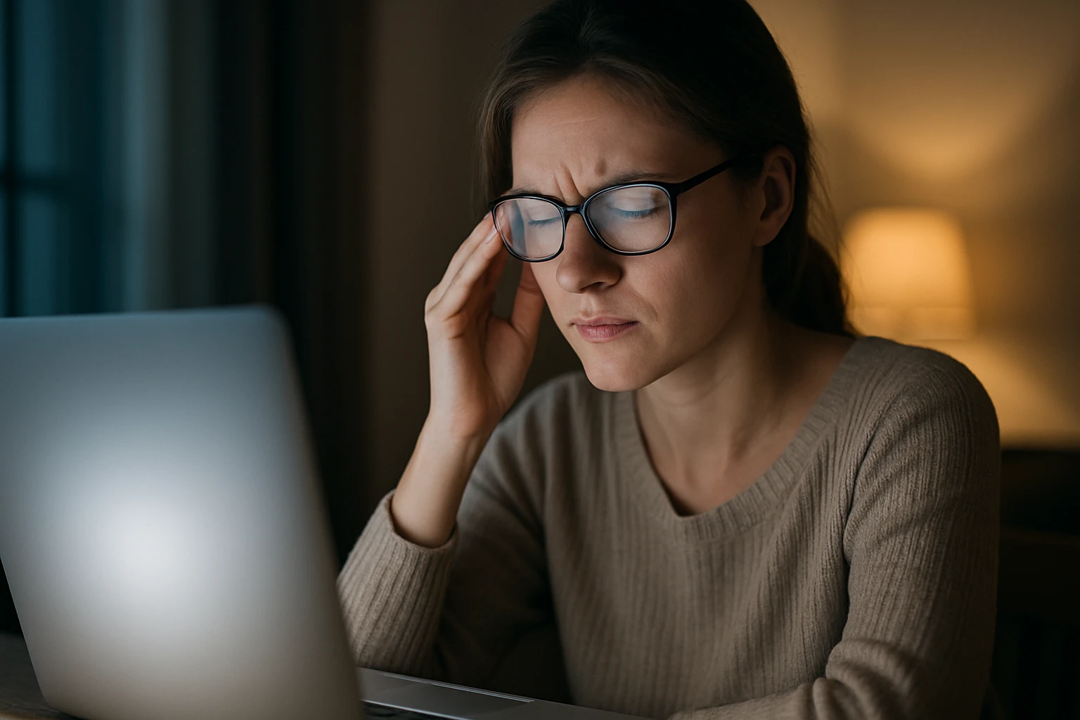 Žena trpiaca bolesťami hlavy pri práci na počítači v noci.