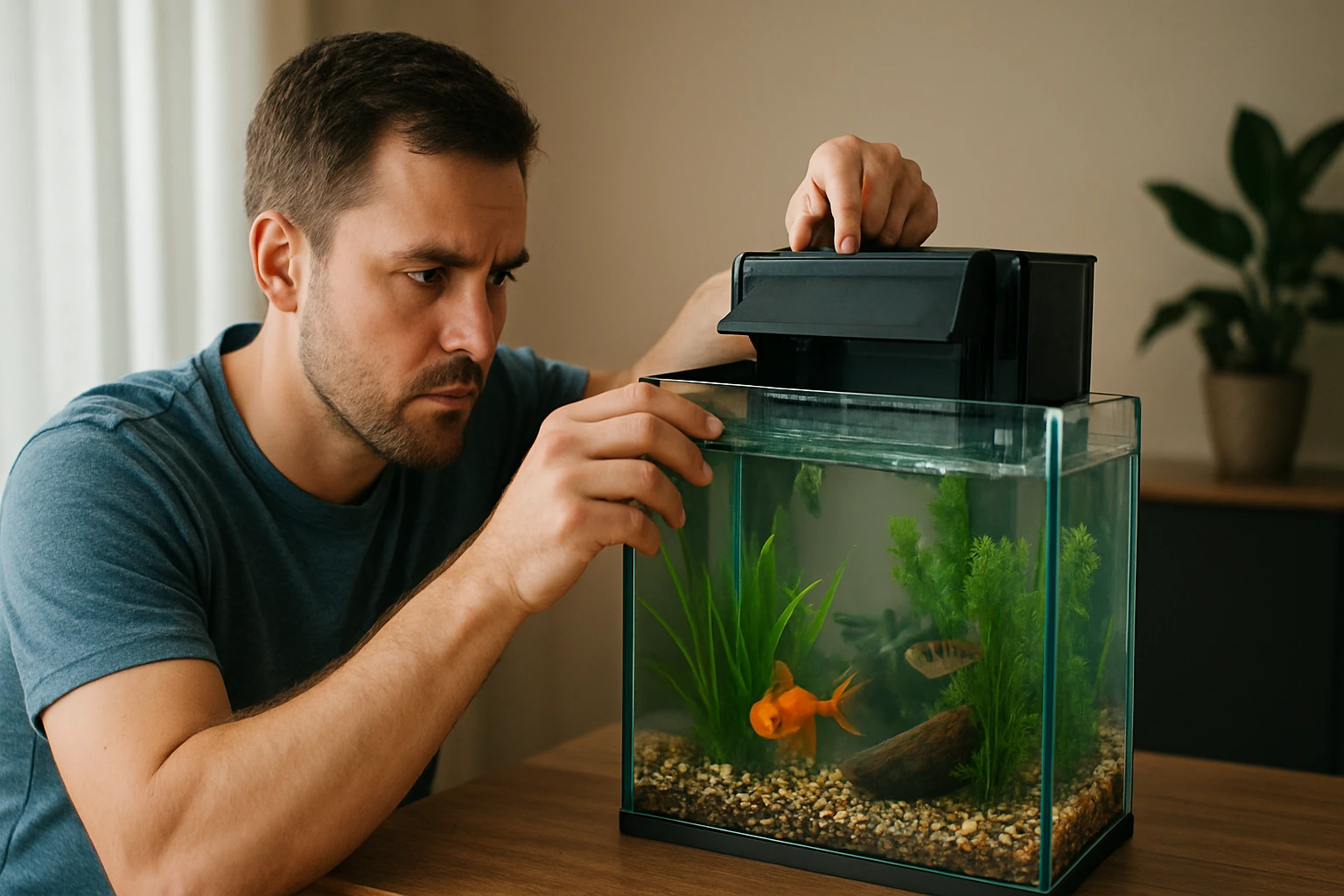 Muži nastavujúci akváriový filter pre zdravé ryby a čistú vodu