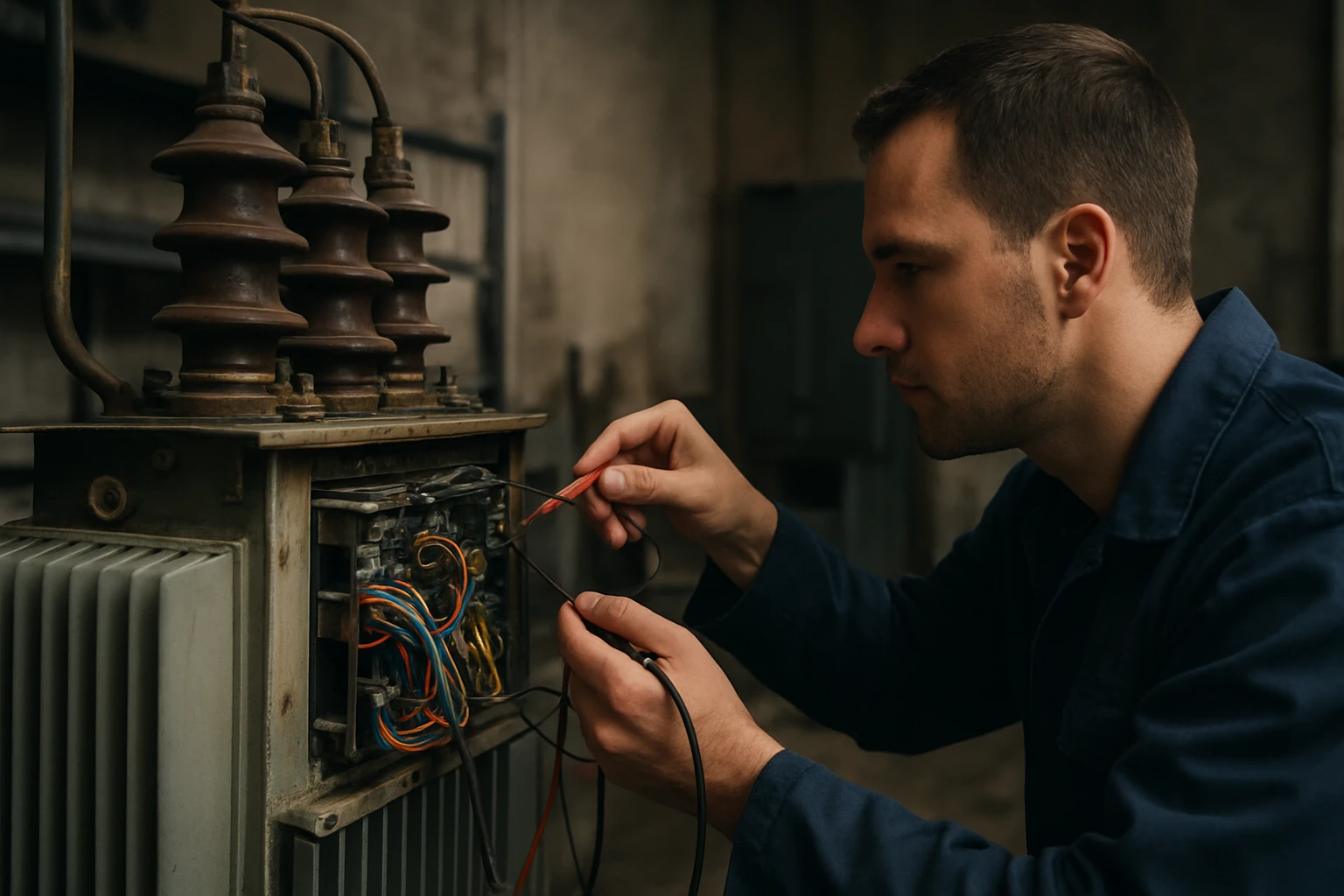 Technik analyzuje elektronický transformátor v priemyselnom prostredí.