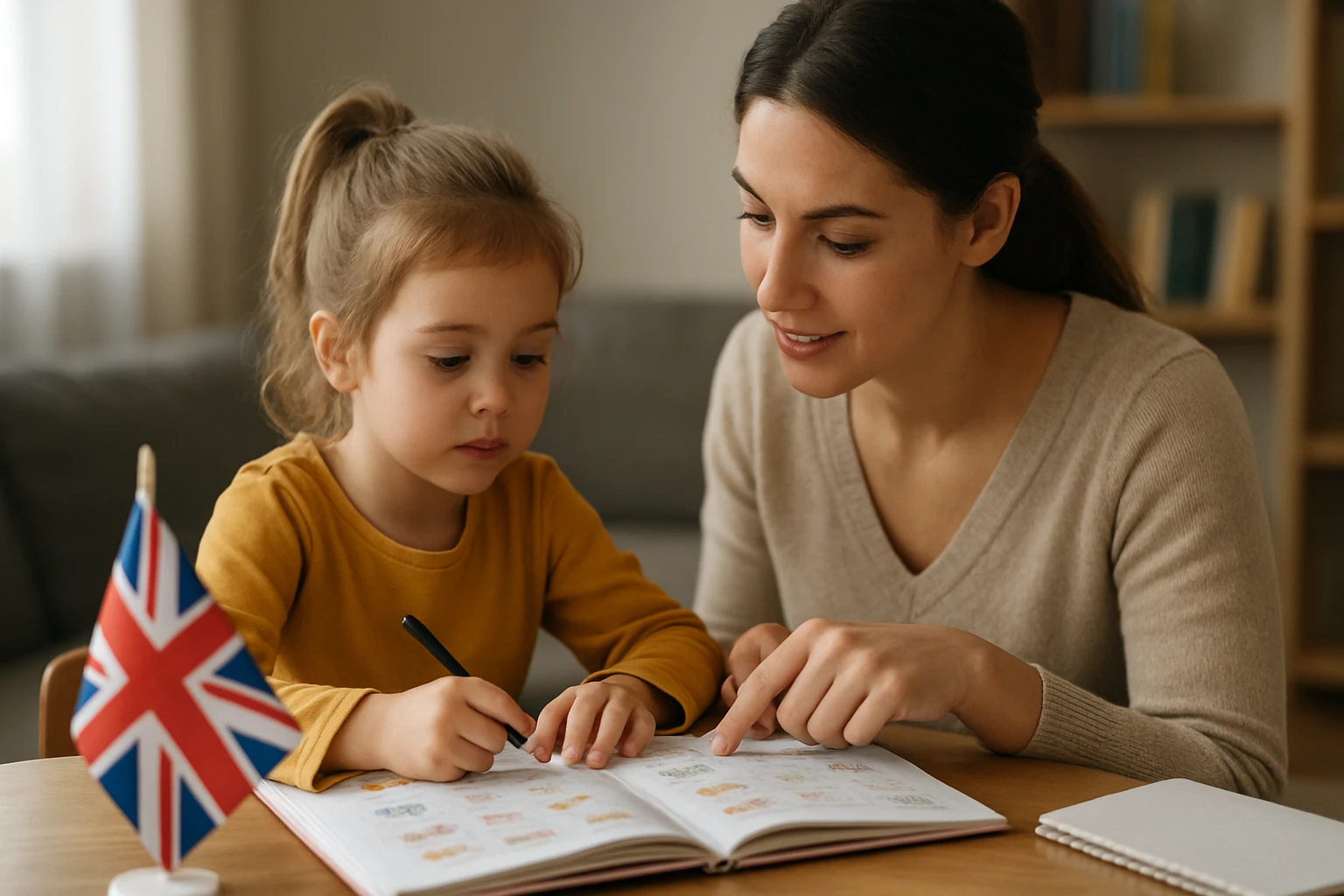 Matka učí svoju dcéru cudzí jazyk v domácom prostredí.