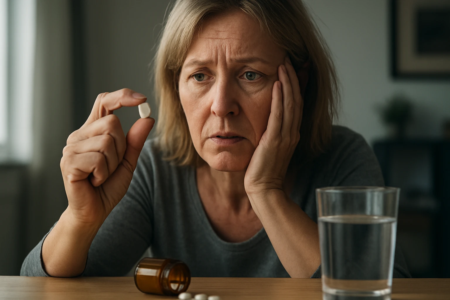 Žena premýšľa o vedľajších účinkoch liekov, medailónový efekt