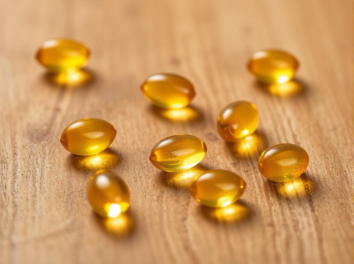 Olejové kapsuly vitamínu D na drevenom pozadí