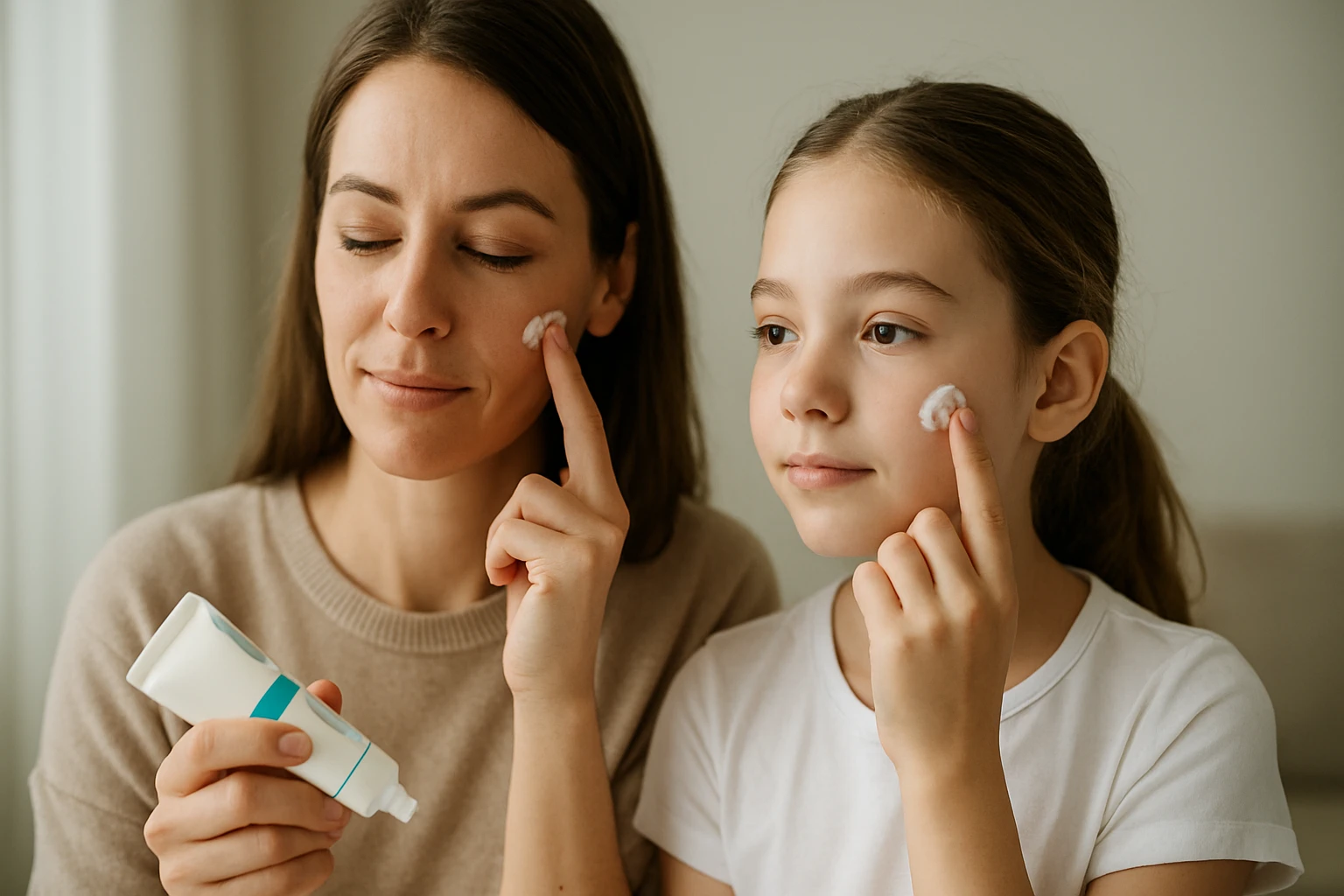 Matka a dcéra aplikujú Cicaplast na pokožku pre obnovu a hydratáciu.