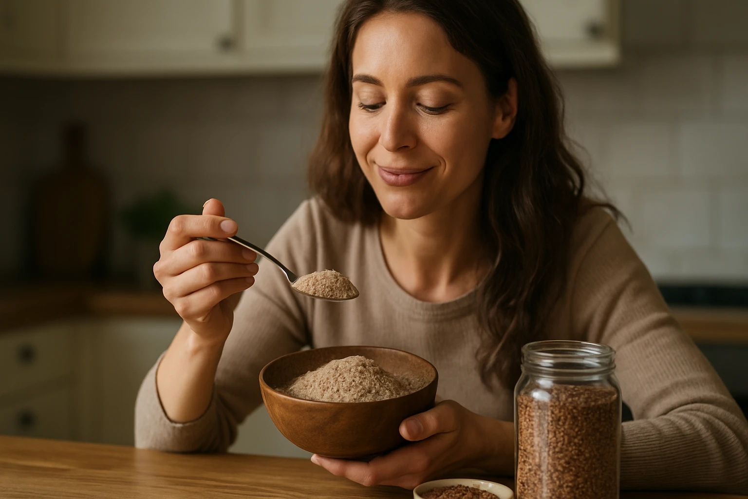 Žena s ľanovou múkou pre zdravie a pohodu