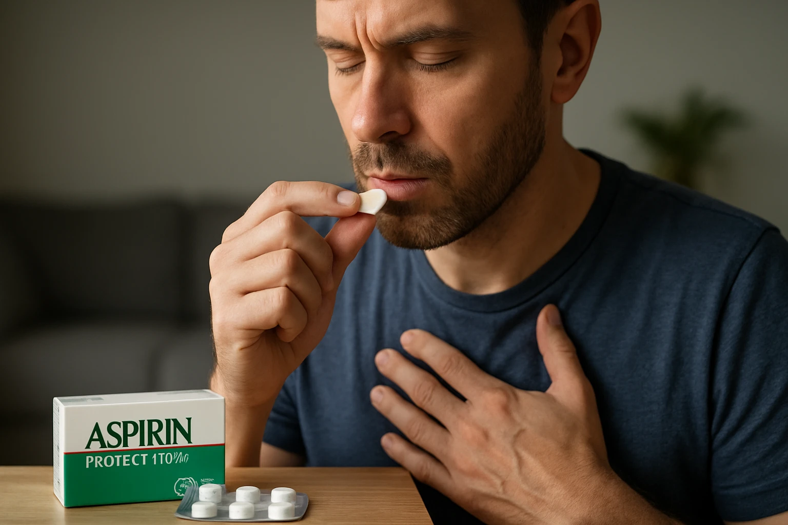 Muž užíva таблетku Aspirin Protect 100 pre srdcovú ochranu.