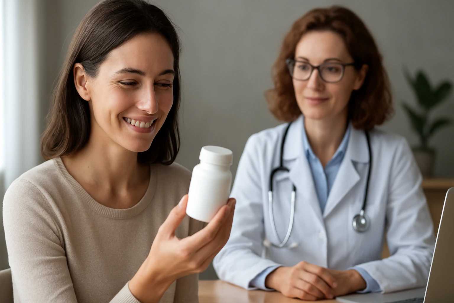 Žena sa usmieva, drží fľašu Gynatrenu pri pohovore s lekárom.