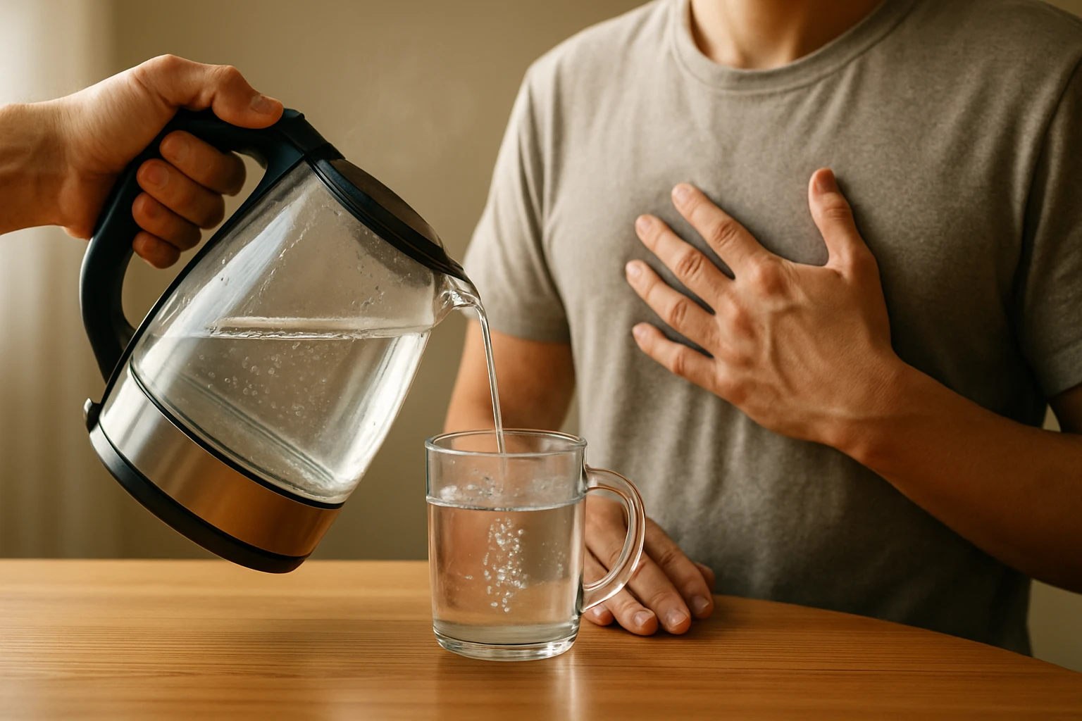 Nalejanie horúcej vody do pohára pre zdravie ciev a krvný obeh