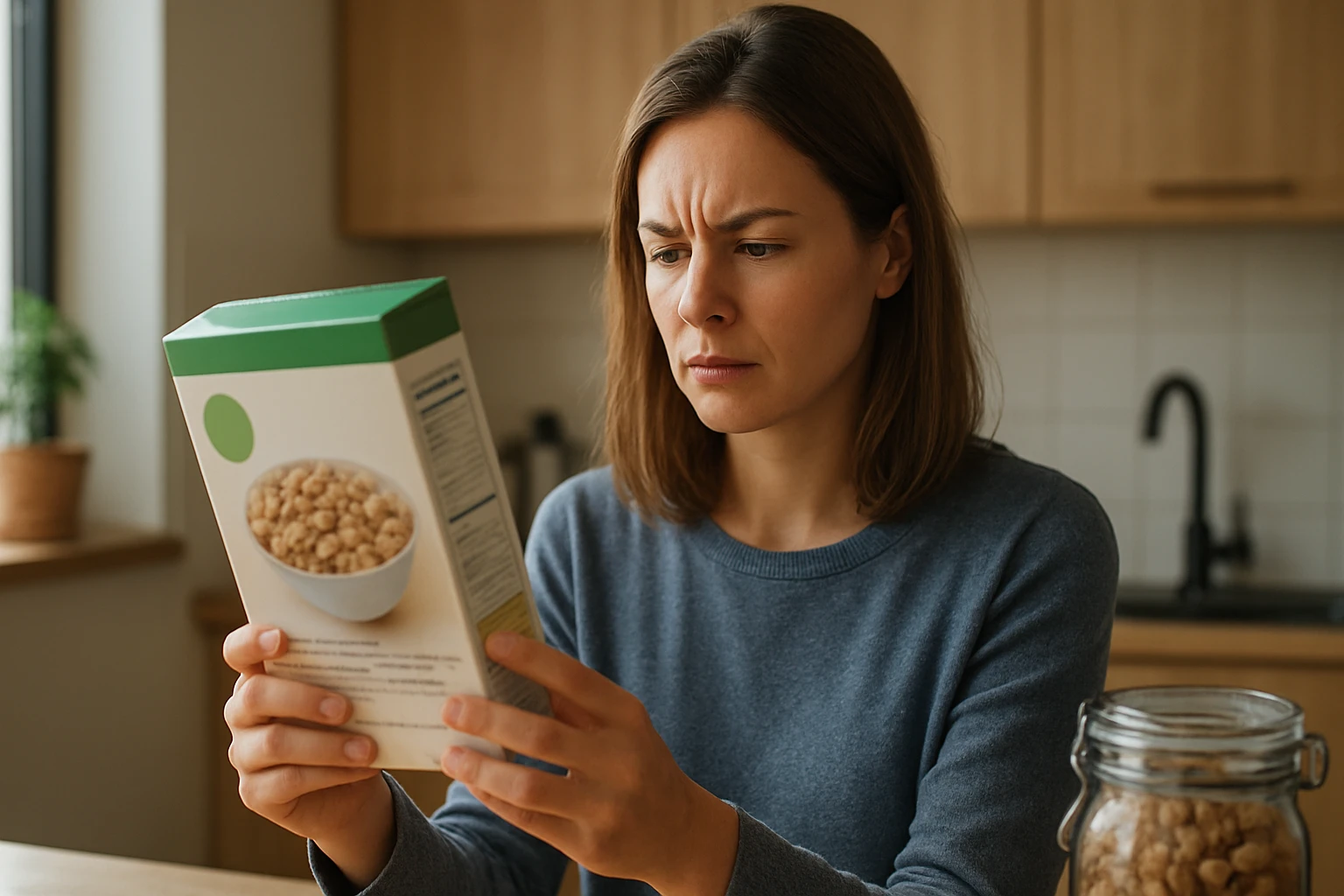 Žena skúma obal Korpovit keksov s vážnym výrazom.