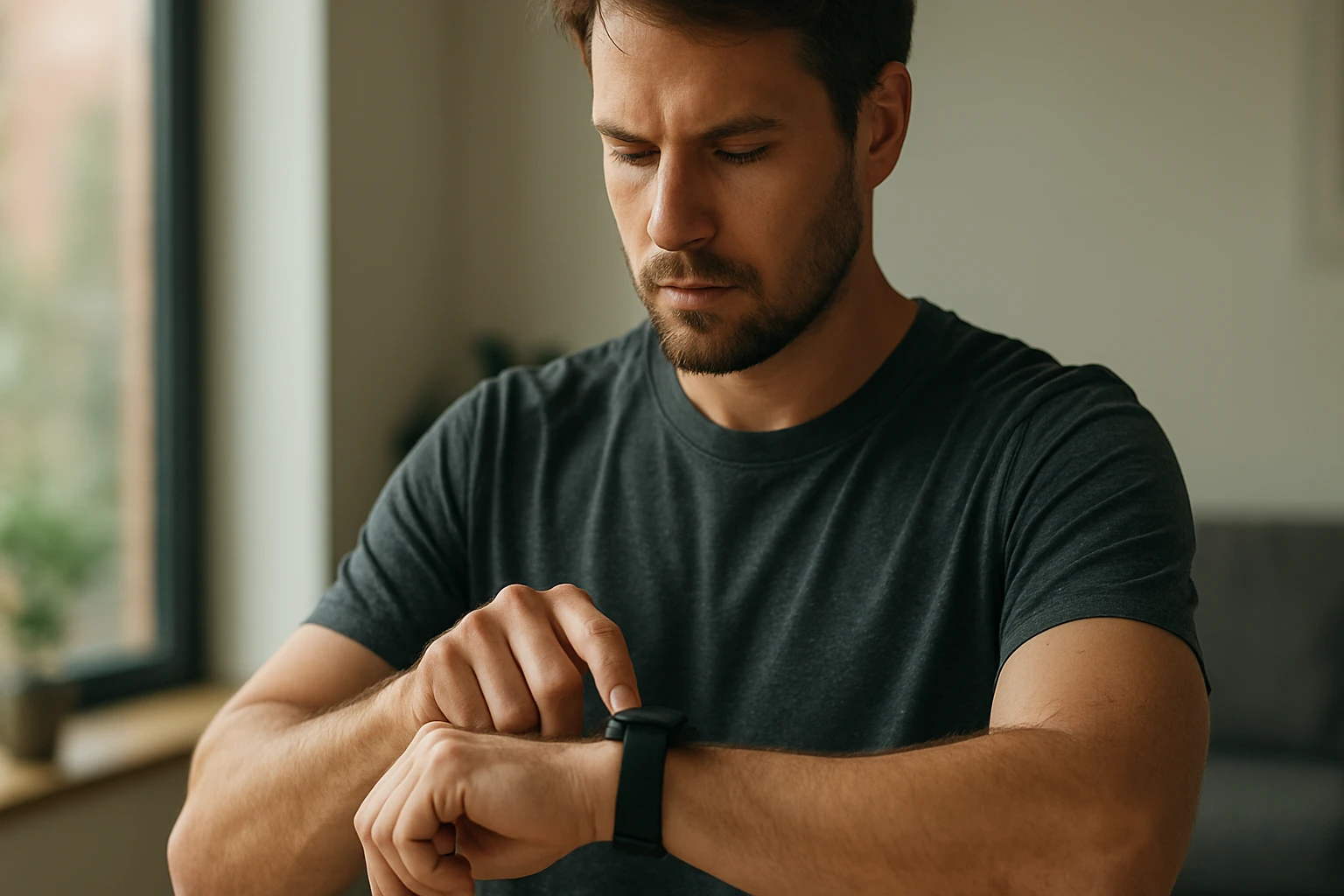 Muž kontroluje smart hodinky so zameraním na displej.