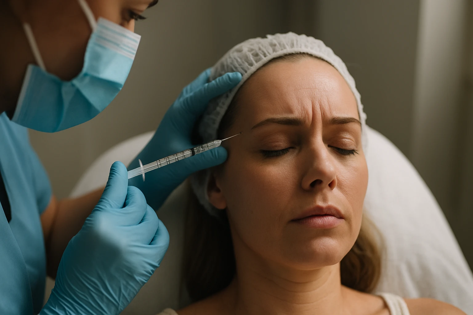 Procedúra aplikácie botoxu u ženy v estetickej klinike.