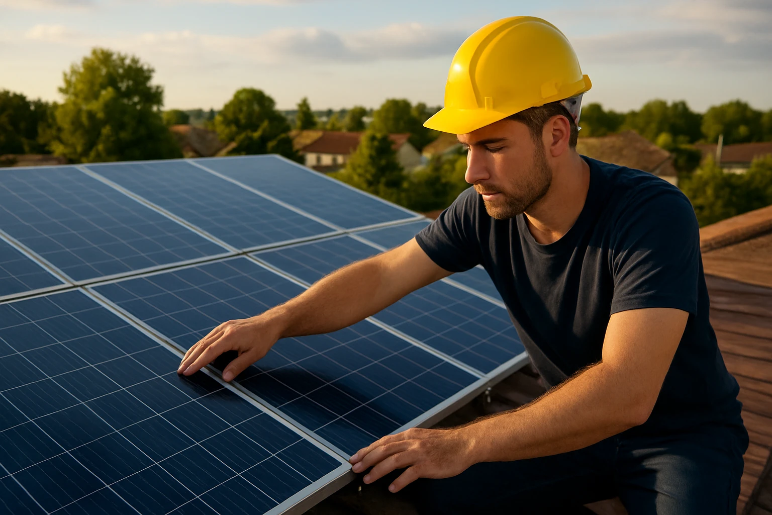 Muž montuje solárne panely na streche domu, slnečné počasie.