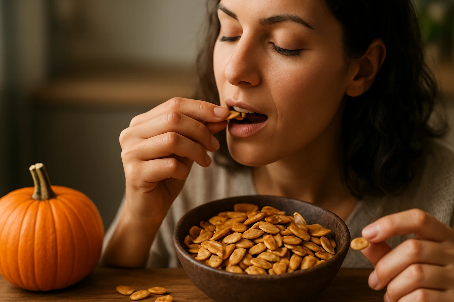 Žena si pochutnáva na pražených tekvicových semienkach s tekvicou vedľa.