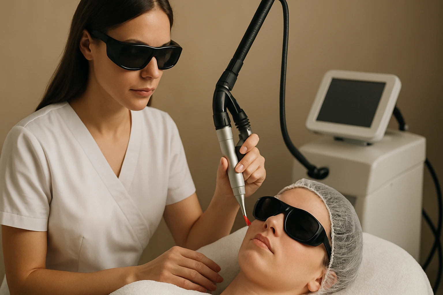 Žena podstupuje laserovú liečbu CO2 v estetickej klinike.