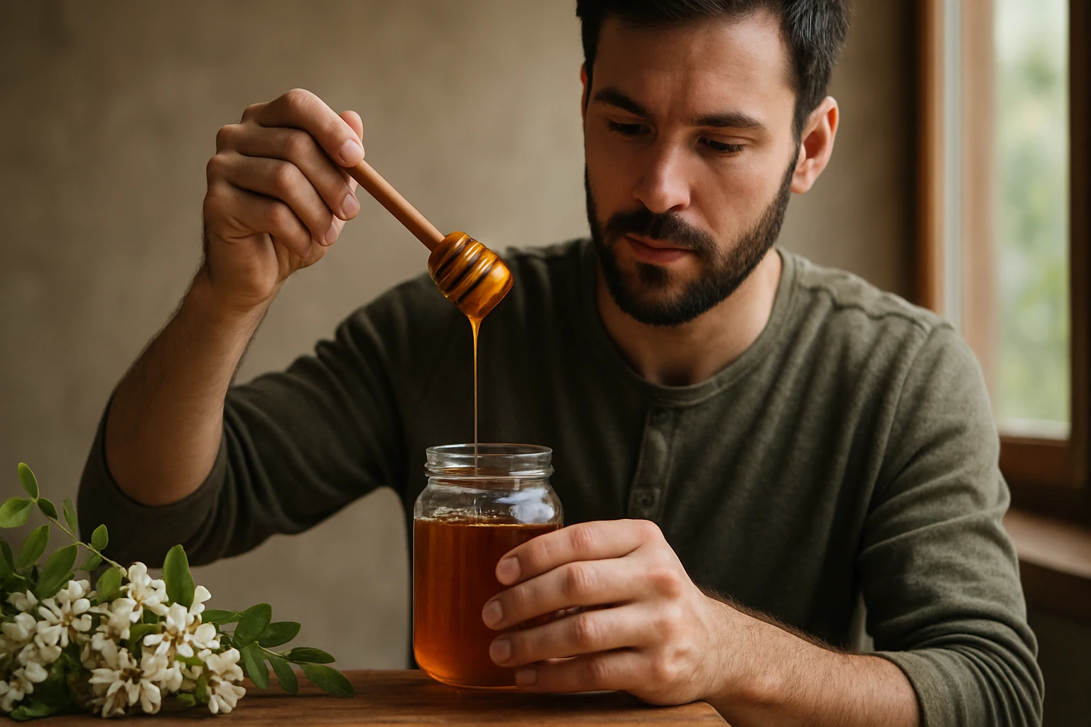 Muž s agátovým medom a drevenou lyžičkou.