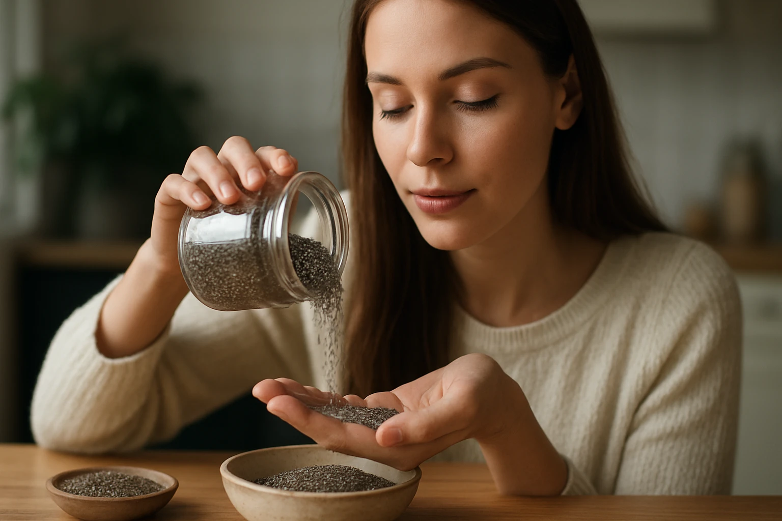 Žena s chia semienkami, ktoré posilňujú zdravie a krásu.