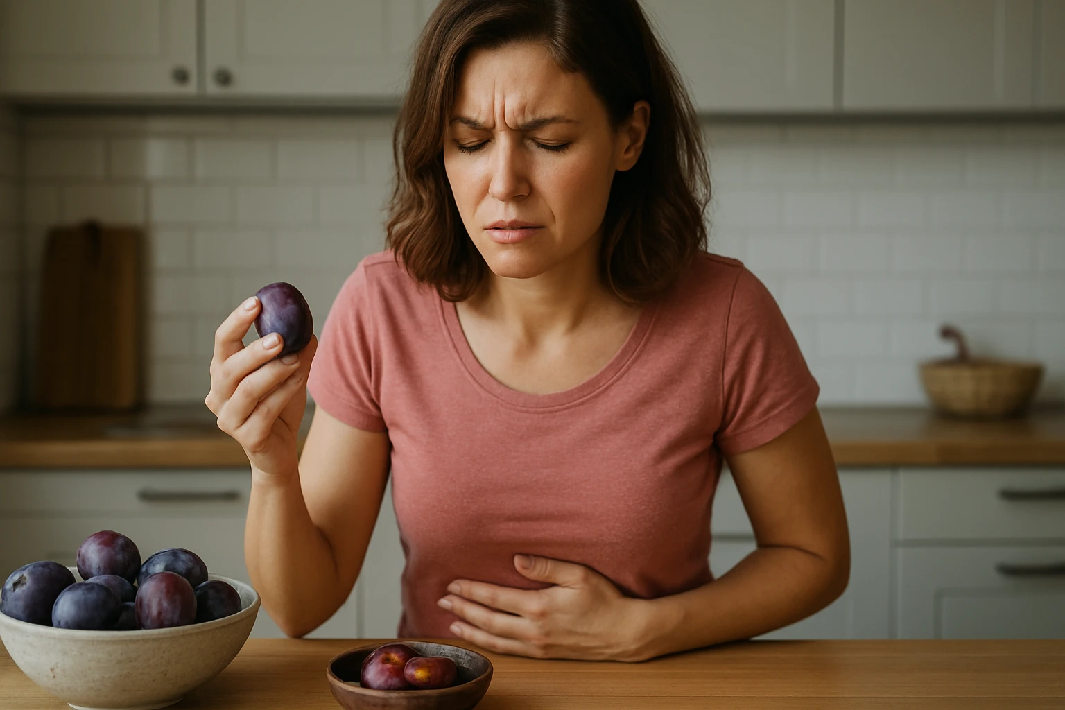 Žena s nadúvaním drží slivku v ruke