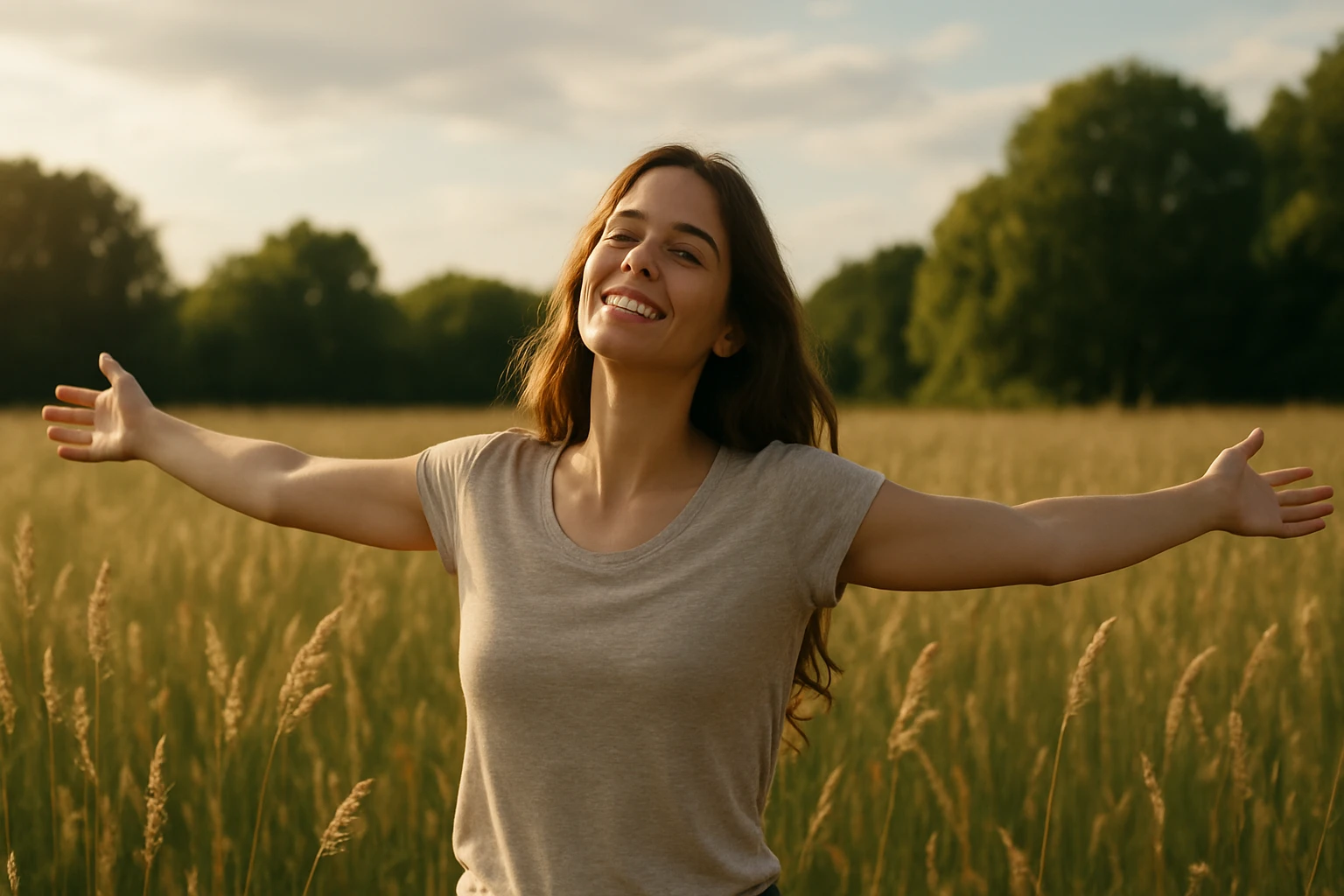 Žena šťastne oslavuje vo voľnej prírode so zdvihnutými rukami.