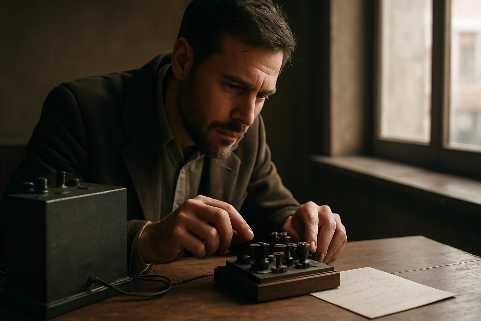 Muž ovládajúci telegraf s detailmi na prístroji a liste.