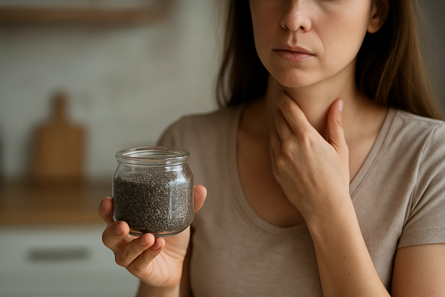 Žena s chia semienkami v sklenenej nádobe a s podpornou polohou rúk na krku.