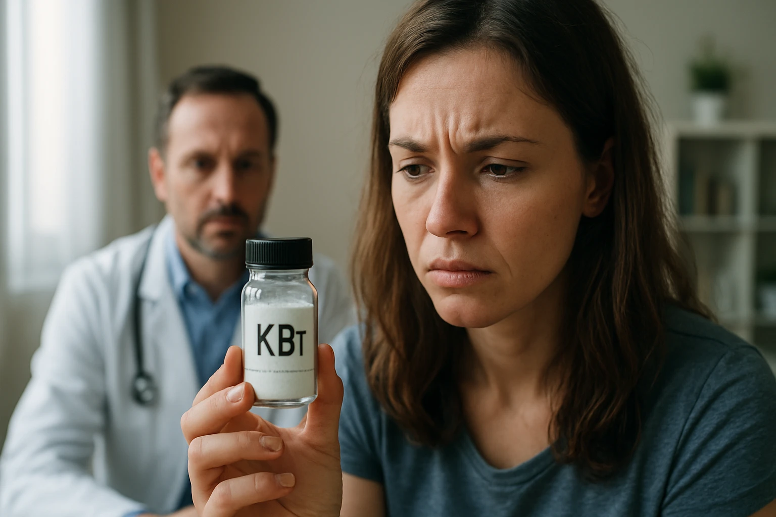 Žena sa znepokojene díva na fľašu bromidu draselného počas lekárskej konzultácie.