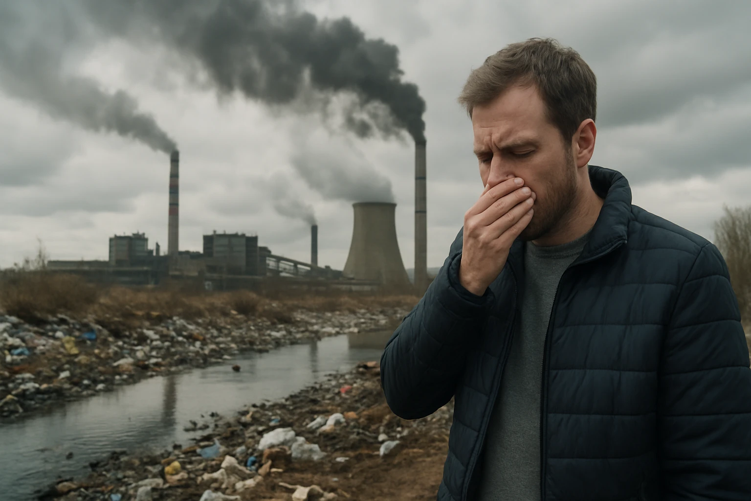 Muž s problémami s dýchaním pri znečistenom prostredí pri továrňach.