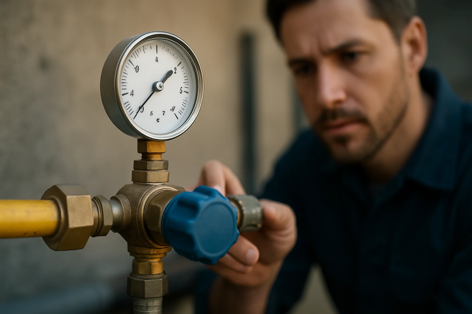 Man adjusting a PB pressure regulator for gas safety and efficiency.