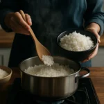 Žena varí dokonalú nadýchanú ryžu v hrnci.