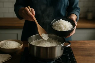 Žena varí dokonalú nadýchanú ryžu v hrnci.