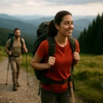 Šťastná žena s batohom na turistike v prírode