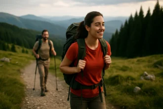 Šťastná žena s batohom na turistike v prírode