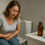 Žena so žalúdočnými bolesťami sediaca na toalete, vedľa ricínový olej.