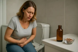 Žena so žalúdočnými bolesťami sediaca na toalete, vedľa ricínový olej.