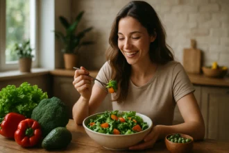 Žena sa smeje a užíva si vegetariánsku stravu s čerstvým šalátom