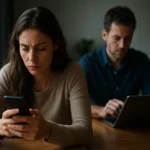 Žena skontrolujúca sociálne médiá, muž pracujúci na tablete.