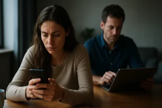 Žena skontrolujúca sociálne médiá, muž pracujúci na tablete.