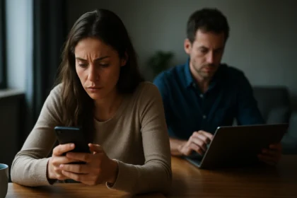 Žena skontrolujúca sociálne médiá, muž pracujúci na tablete.