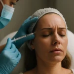 Procedúra aplikácie botoxu u ženy v estetickej klinike.